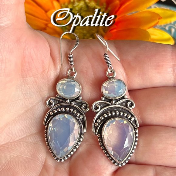 Uniquely Chic Boutique 1 Jewelry - Opalite Earrings Handmade Gemstone Crystal Dangles 925 Silver Bohemian Ethnic